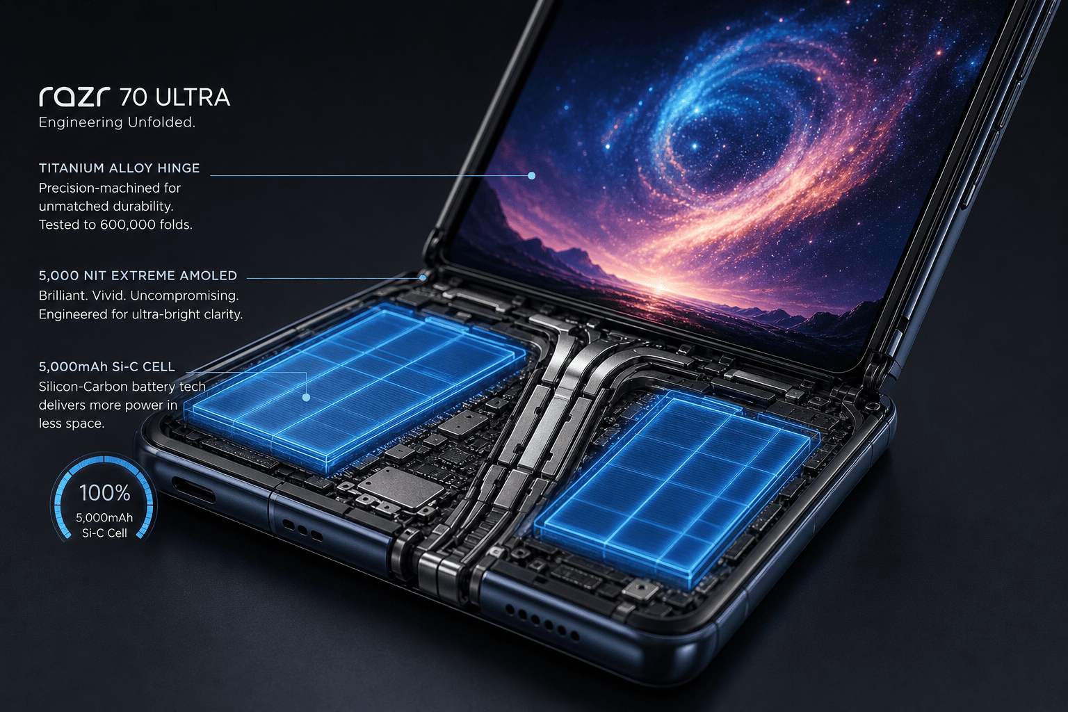 Motorola Razr 70 Ultra foldable phone half folded showing hinge design